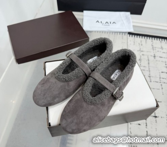 Best Grade Alaia Ballet Flats in Suede and Shearling 2026 AL102901 Dark Grey