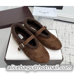 Best Product Alaia Ballet Flats in Suede and Shearling 2026 AL102901 Dark Brown