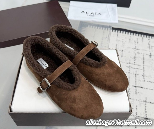 Best Product Alaia Ballet Flats in Suede and Shearling 2026 AL102901 Dark Brown