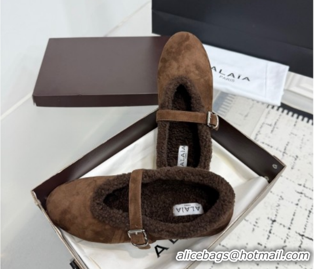 Best Product Alaia Ballet Flats in Suede and Shearling 2026 AL102901 Dark Brown