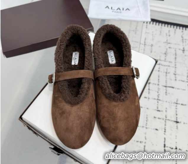 Best Product Alaia Ballet Flats in Suede and Shearling 2026 AL102901 Dark Brown
