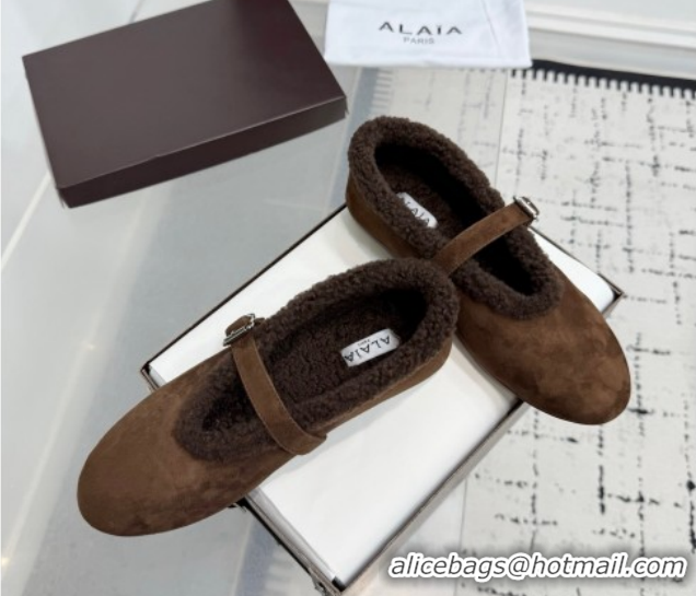 Best Product Alaia Ballet Flats in Suede and Shearling 2026 AL102901 Dark Brown