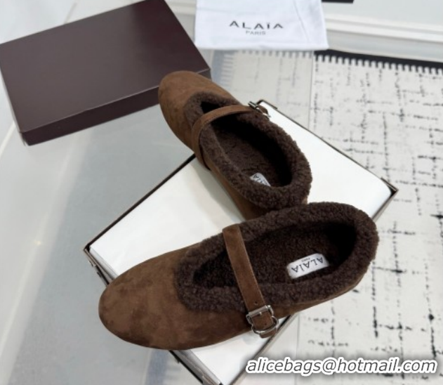 Best Product Alaia Ballet Flats in Suede and Shearling 2026 AL102901 Dark Brown