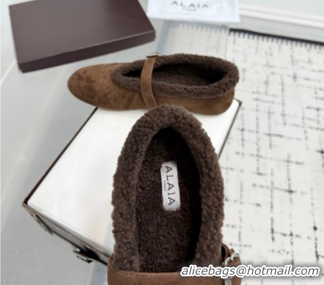 Best Product Alaia Ballet Flats in Suede and Shearling 2026 AL102901 Dark Brown