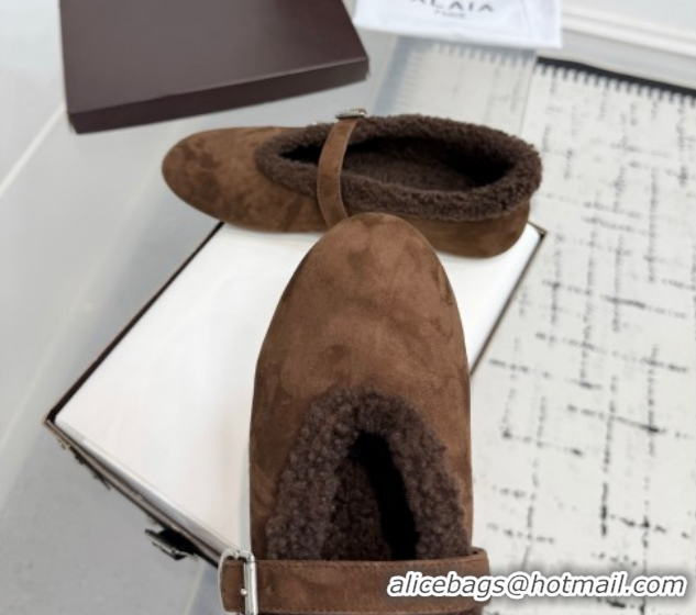 Best Product Alaia Ballet Flats in Suede and Shearling 2026 AL102901 Dark Brown