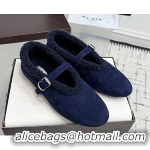 Good Looking Alaia Ballet Flats in Suede and Shearling 2026 AL102901 Navy Blue