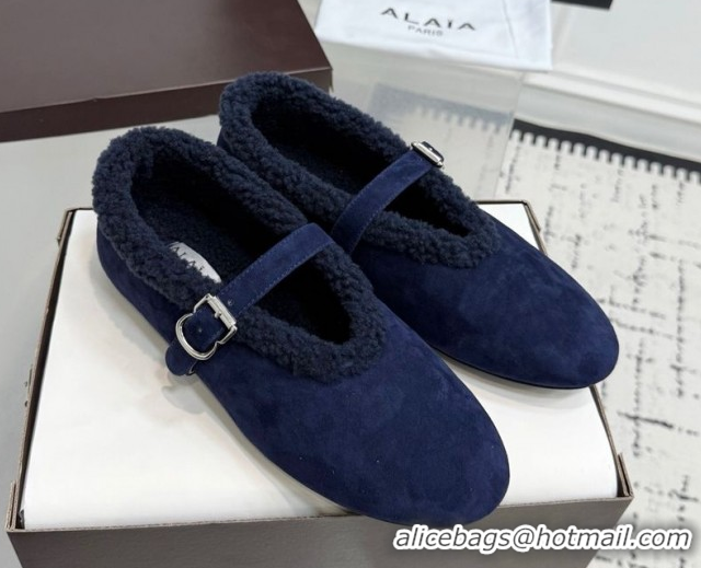 Good Looking Alaia Ballet Flats in Suede and Shearling 2026 AL102901 Navy Blue