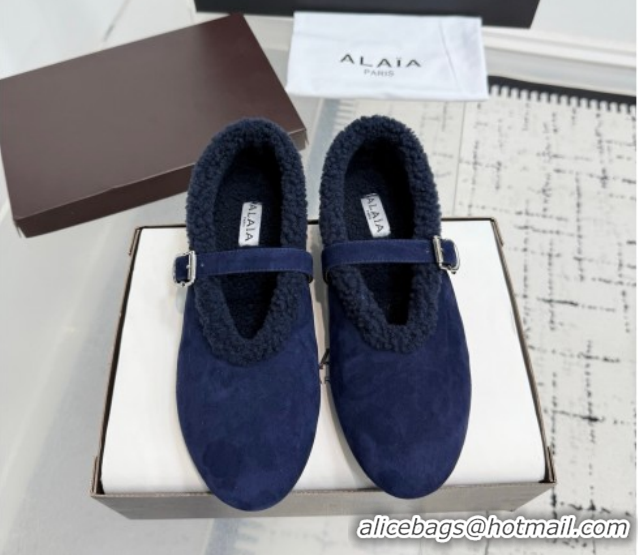 Good Looking Alaia Ballet Flats in Suede and Shearling 2026 AL102901 Navy Blue