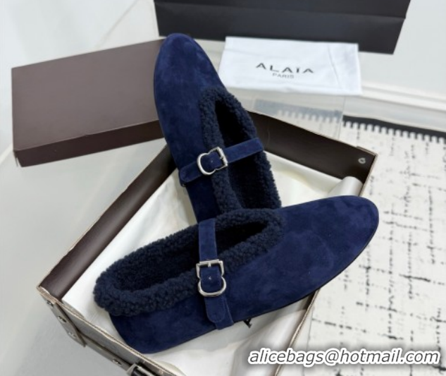 Good Looking Alaia Ballet Flats in Suede and Shearling 2026 AL102901 Navy Blue