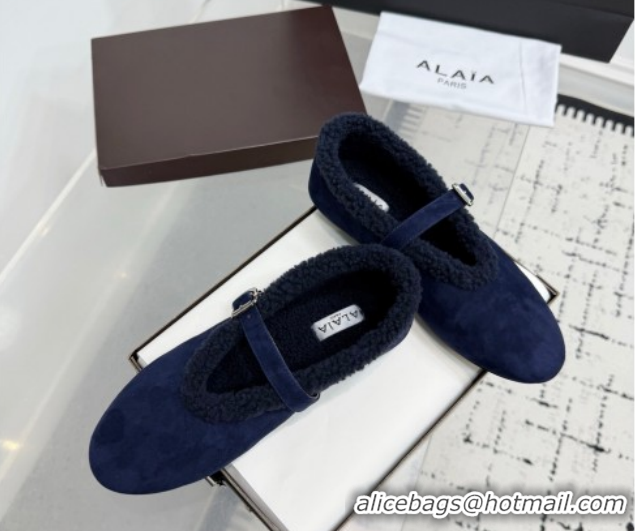 Good Looking Alaia Ballet Flats in Suede and Shearling 2026 AL102901 Navy Blue