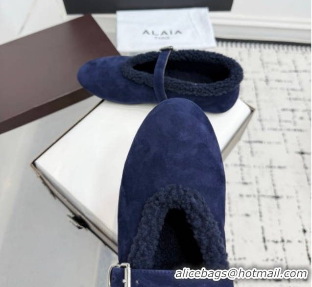 Good Looking Alaia Ballet Flats in Suede and Shearling 2026 AL102901 Navy Blue