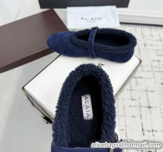 Good Looking Alaia Ballet Flats in Suede and Shearling 2026 AL102901 Navy Blue