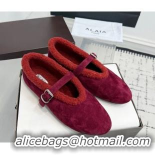 Charming Alaia Ballet Flats in Suede and Shearling 2026 AL102901 Red