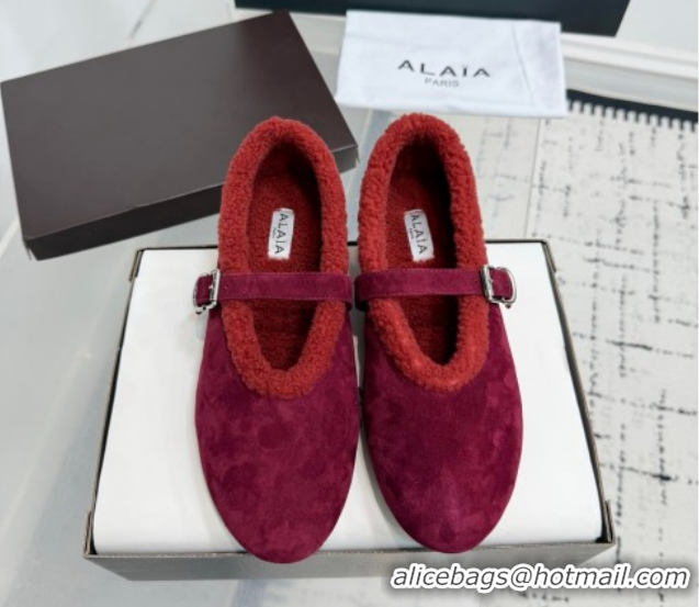 Charming Alaia Ballet Flats in Suede and Shearling 2026 AL102901 Red