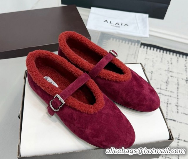 Charming Alaia Ballet Flats in Suede and Shearling 2026 AL102901 Red