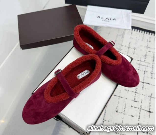 Charming Alaia Ballet Flats in Suede and Shearling 2026 AL102901 Red