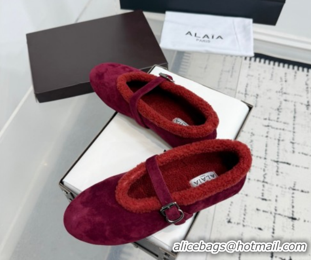 Charming Alaia Ballet Flats in Suede and Shearling 2026 AL102901 Red