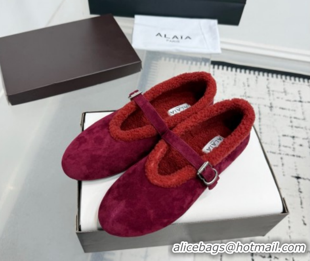 Charming Alaia Ballet Flats in Suede and Shearling 2026 AL102901 Red