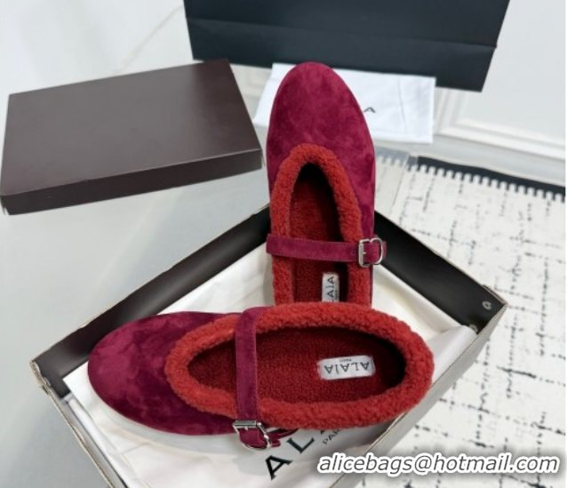 Charming Alaia Ballet Flats in Suede and Shearling 2026 AL102901 Red