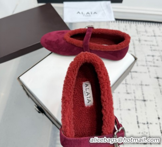 Charming Alaia Ballet Flats in Suede and Shearling 2026 AL102901 Red