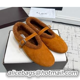 Sumptuous Alaia Ballet Flats in Suede and Shearling 2026 AL102901 Yellow
