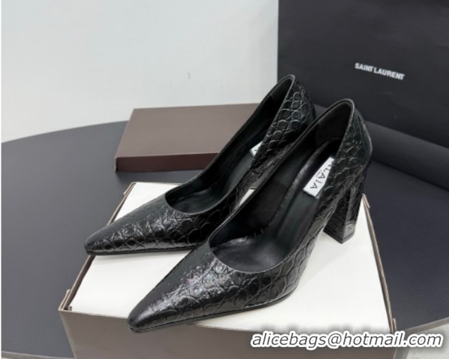Good Quality Alaia Pointy Toe Pumps 9cm with Block Heel in Crocodile Embossed Leather Black 1029104