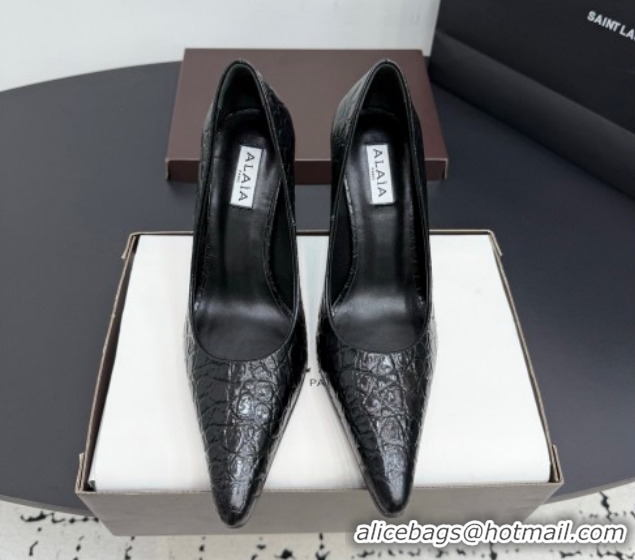Good Quality Alaia Pointy Toe Pumps 9cm with Block Heel in Crocodile Embossed Leather Black 1029104