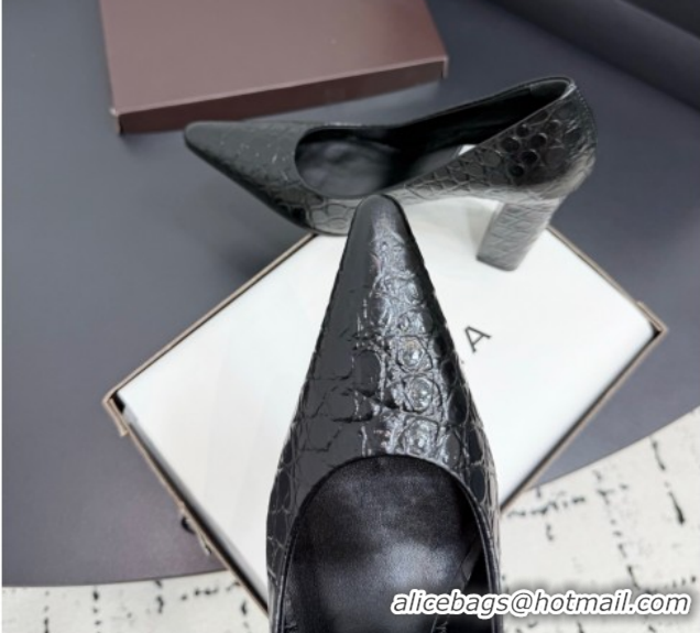 Good Quality Alaia Pointy Toe Pumps 9cm with Block Heel in Crocodile Embossed Leather Black 1029104