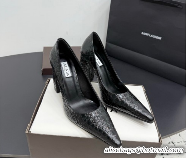 Good Quality Alaia Pointy Toe Pumps 9cm with Block Heel in Crocodile Embossed Leather Black 1029104
