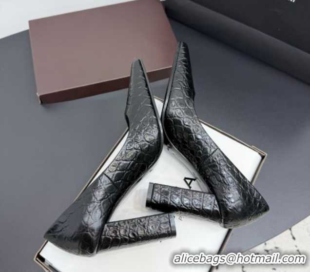 Good Quality Alaia Pointy Toe Pumps 9cm with Block Heel in Crocodile Embossed Leather Black 1029104