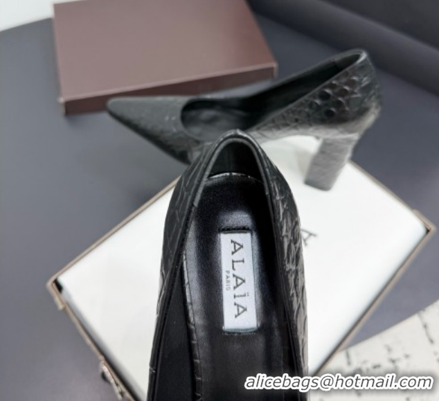 Good Quality Alaia Pointy Toe Pumps 9cm with Block Heel in Crocodile Embossed Leather Black 1029104