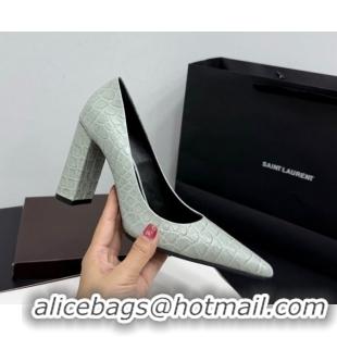 Grade Quality Alaia Pointy Toe Pumps 9cm with Block Heel in Crocodile Embossed Leather Light Green 1029105