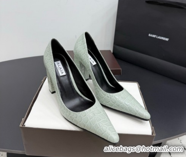 Grade Quality Alaia Pointy Toe Pumps 9cm with Block Heel in Crocodile Embossed Leather Light Green 1029105