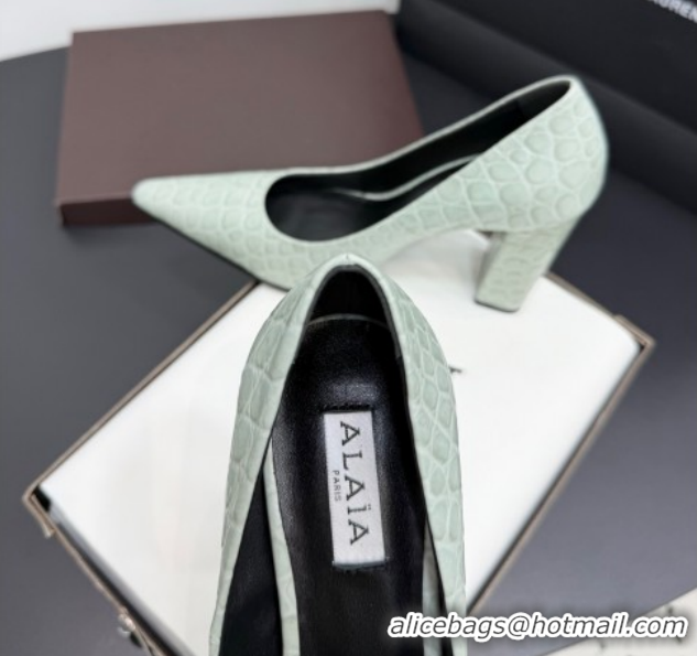 Grade Quality Alaia Pointy Toe Pumps 9cm with Block Heel in Crocodile Embossed Leather Light Green 1029105