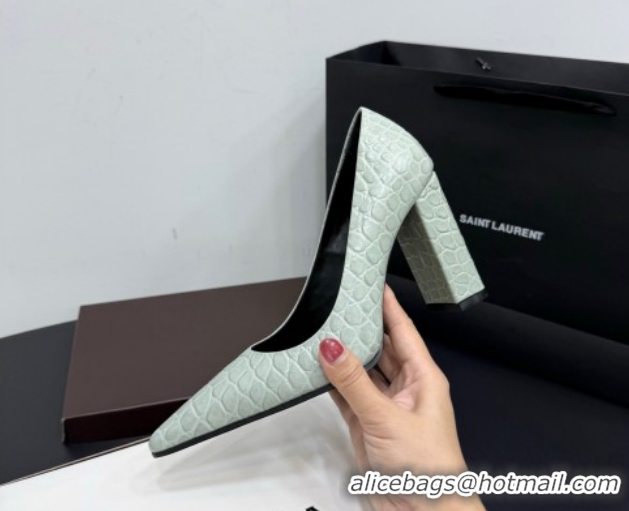 Grade Quality Alaia Pointy Toe Pumps 9cm with Block Heel in Crocodile Embossed Leather Light Green 1029105