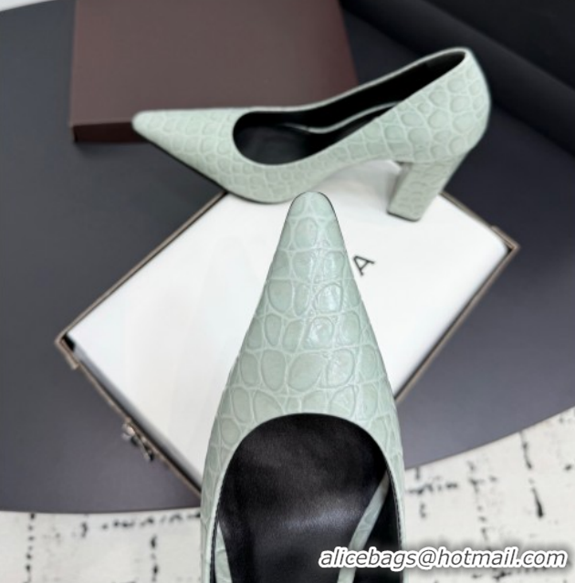 Grade Quality Alaia Pointy Toe Pumps 9cm with Block Heel in Crocodile Embossed Leather Light Green 1029105