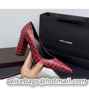 Unique Style Alaia Pointy Toe Pumps 9cm with Block Heel in Crocodile Embossed Leather Red 1029106