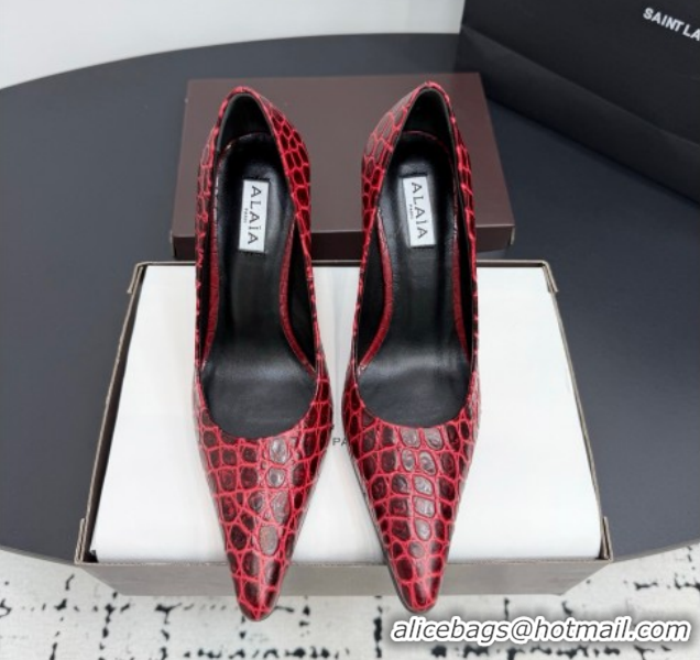 Unique Style Alaia Pointy Toe Pumps 9cm with Block Heel in Crocodile Embossed Leather Red 1029106