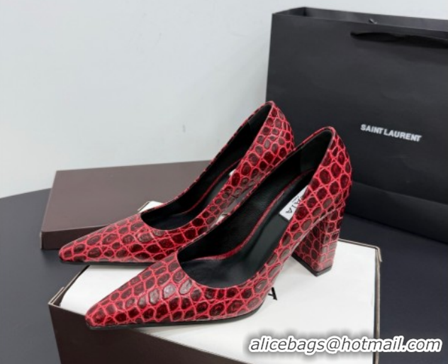 Unique Style Alaia Pointy Toe Pumps 9cm with Block Heel in Crocodile Embossed Leather Red 1029106