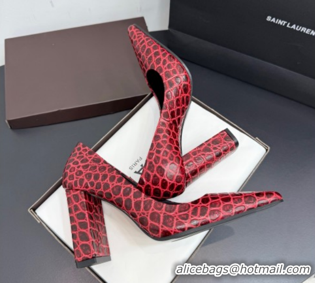 Unique Style Alaia Pointy Toe Pumps 9cm with Block Heel in Crocodile Embossed Leather Red 1029106
