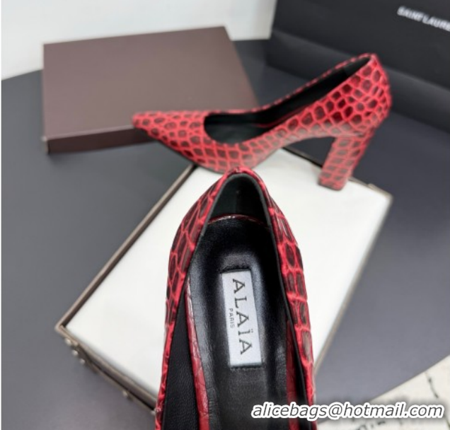 Unique Style Alaia Pointy Toe Pumps 9cm with Block Heel in Crocodile Embossed Leather Red 1029106