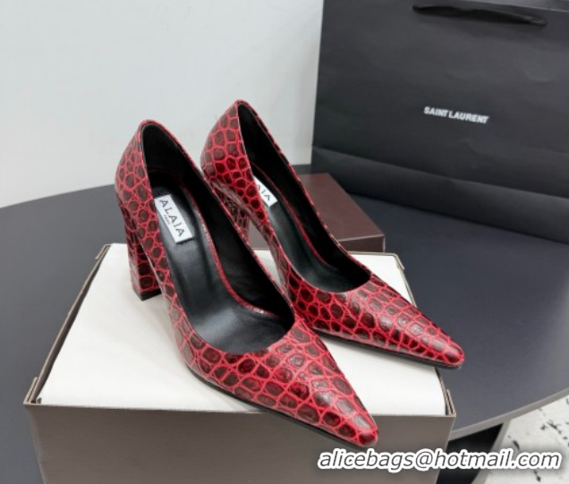 Unique Style Alaia Pointy Toe Pumps 9cm with Block Heel in Crocodile Embossed Leather Red 1029106