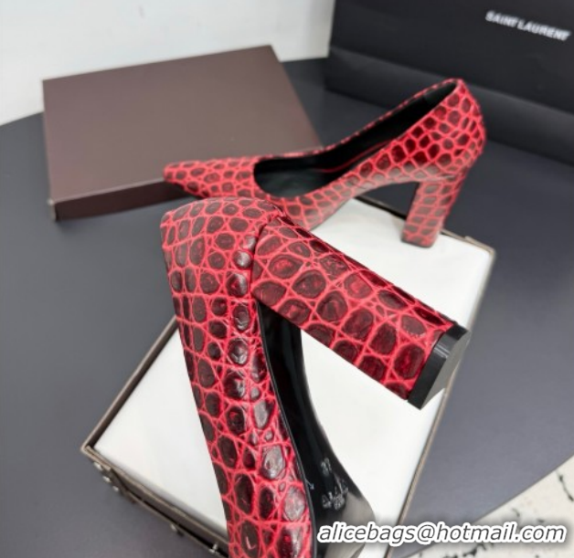 Unique Style Alaia Pointy Toe Pumps 9cm with Block Heel in Crocodile Embossed Leather Red 1029106