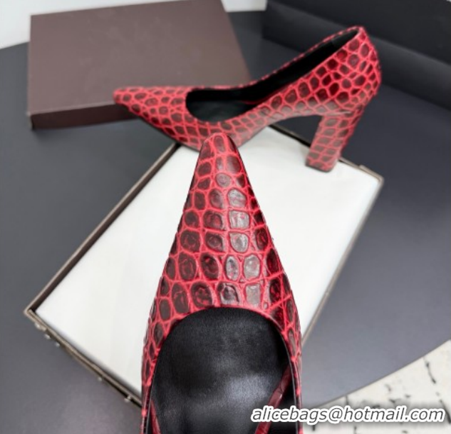 Unique Style Alaia Pointy Toe Pumps 9cm with Block Heel in Crocodile Embossed Leather Red 1029106