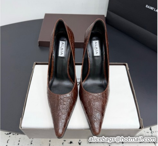 Pretty Style Alaia Pointy Toe Pumps 9cm with Block Heel in Crocodile Embossed Leather Dark Brown 1029107