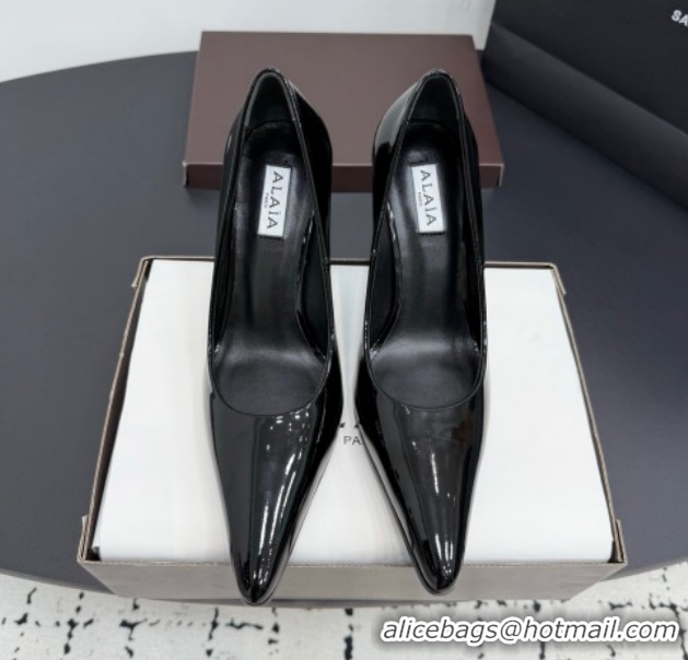 Hot Style Alaia Pointy Toe Pumps 9cm with Block Heel in Patent Leather Black 1029108