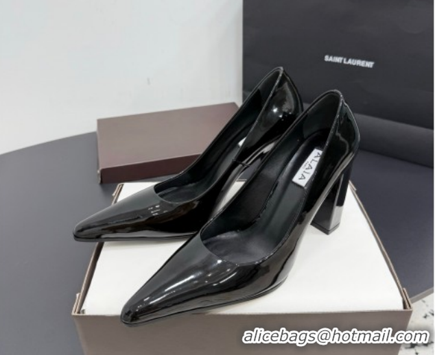 Hot Style Alaia Pointy Toe Pumps 9cm with Block Heel in Patent Leather Black 1029108