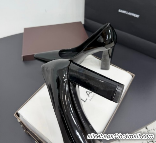 Hot Style Alaia Pointy Toe Pumps 9cm with Block Heel in Patent Leather Black 1029108