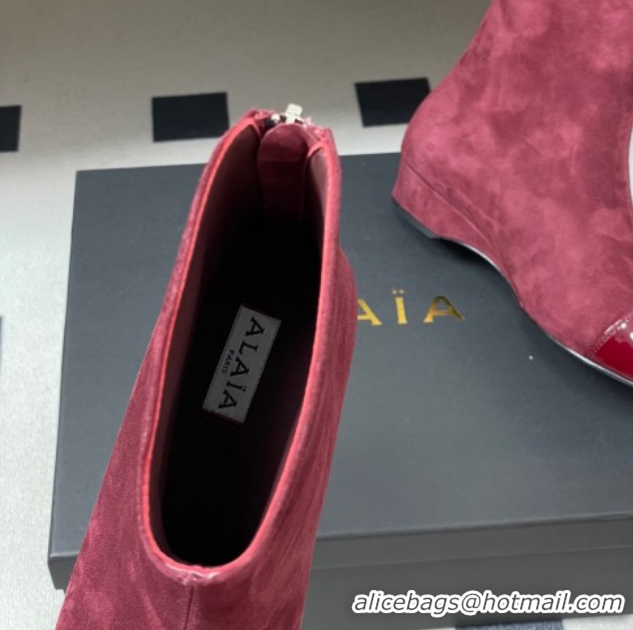 Best Grade Alaia Suede and Patent Leather Ankle Boots Burgundy AL102902 1029111