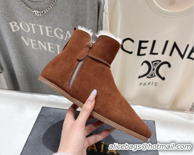 Feminine Alaia Suede and Wool Flat Ankle Boots 2026 AL102903 Brown